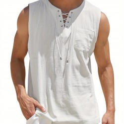 Men'S Cotton Linen Tank Top, Casual Sleeveless Lace Up Beach Hippie Tops, Bohemian Renaissance Pirate Tunic, Crew Neck, Printed Pattern, Non-Stretch Knit Fabric, Regular Fit, for Summer Sports Vest