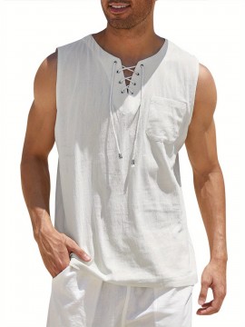 Men'S Cotton Linen Tank Top, Casual Sleeveless Lace Up Beach Hippie Tops, Bohemian Renaissance Pirate Tunic, Crew Neck, Printed Pattern, Non-Stretch Knit Fabric, Regular Fit, for Summer Sports Vest