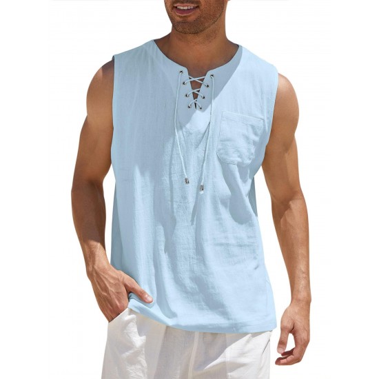 Men'S Cotton Linen Tank Top, Casual Sleeveless Lace Up Beach Hippie Tops, Bohemian Renaissance Pirate Tunic, Crew Neck, Printed Pattern, Non-Stretch Knit Fabric, Regular Fit, for Summer Sports Vest