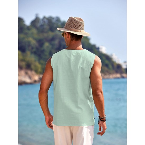 Men'S Cotton Linen Tank Top, Casual Sleeveless Lace Up Beach Hippie Tops, Bohemian Renaissance Pirate Tunic, Crew Neck, Printed Pattern, Non-Stretch Knit Fabric, Regular Fit, for Summer Sports Vest