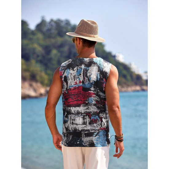 Men'S Cotton Linen Tank Top, Casual Sleeveless Lace Up Beach Hippie Tops, Bohemian Renaissance Pirate Tunic, Crew Neck, Printed Pattern, Non-Stretch Knit Fabric, Regular Fit, for Summer Sports Vest