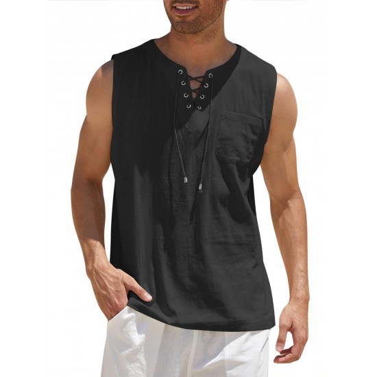 Men'S Cotton Linen Tank Top, Casual Sleeveless Lace Up Beach Hippie Tops, Bohemian Renaissance Pirate Tunic, Crew Neck, Printed Pattern, Non-Stretch Knit Fabric, Regular Fit, for Summer Sports Vest