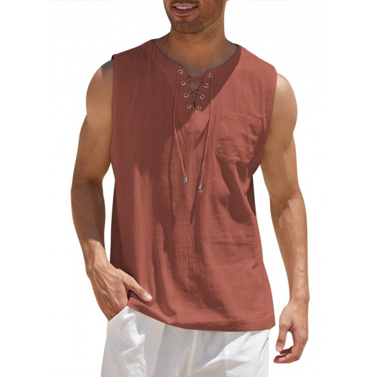 Men'S Cotton Linen Tank Top, Casual Sleeveless Lace Up Beach Hippie Tops, Bohemian Renaissance Pirate Tunic, Crew Neck, Printed Pattern, Non-Stretch Knit Fabric, Regular Fit, for Summer Sports Vest