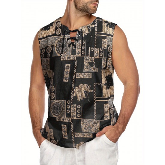 Men'S Cotton Linen Tank Top, Casual Sleeveless Lace Up Beach Hippie Tops, Bohemian Renaissance Pirate Tunic, Crew Neck, Printed Pattern, Non-Stretch Knit Fabric, Regular Fit, for Summer Sports Vest