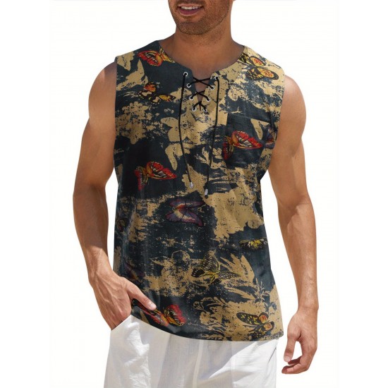 Men'S Cotton Linen Tank Top, Casual Sleeveless Lace Up Beach Hippie Tops, Bohemian Renaissance Pirate Tunic, Crew Neck, Printed Pattern, Non-Stretch Knit Fabric, Regular Fit, for Summer Sports Vest