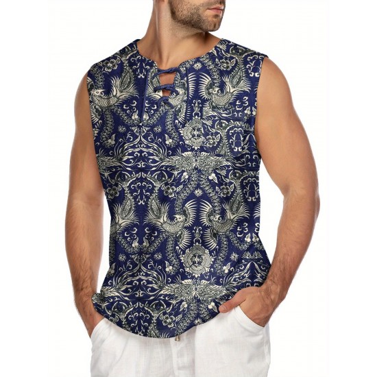 Men'S Cotton Linen Tank Top, Casual Sleeveless Lace Up Beach Hippie Tops, Bohemian Renaissance Pirate Tunic, Crew Neck, Printed Pattern, Non-Stretch Knit Fabric, Regular Fit, for Summer Sports Vest