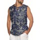 Men'S Cotton Linen Tank Top, Casual Sleeveless Lace Up Beach Hippie Tops, Bohemian Renaissance Pirate Tunic, Crew Neck, Printed Pattern, Non-Stretch Knit Fabric, Regular Fit, for Summer Sports Vest