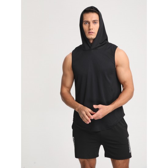 Men's Solid Color Mid Stretch Hooded Sweatshirt, Men's Pullover Tops For Gym Fitness, Spring And Summer