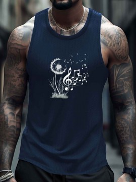 Men'S Dandelion Musical Notes Graphic Tank Top, Quick Dry Mesh Polyester Sports Shirt, Crew Neck, Regular Fit, Geometric Pattern, Slight Stretch, with Knit Fabric for Summer Wear