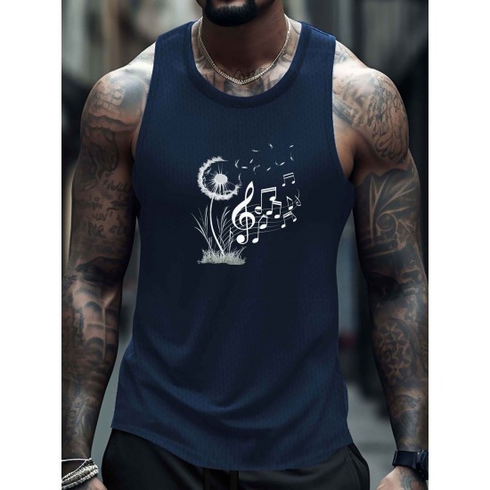 Men'S Dandelion Musical Notes Graphic Tank Top, Quick Dry Mesh Polyester Sports Shirt, Crew Neck, Regular Fit, Geometric Pattern, Slight Stretch, with Knit Fabric for Summer Wear