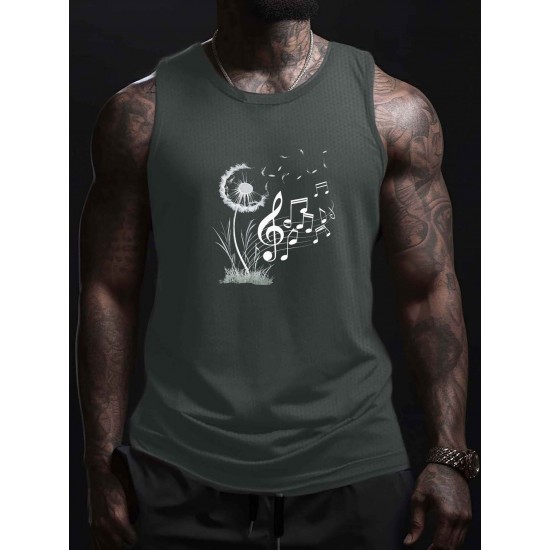 Men'S Dandelion Musical Notes Graphic Tank Top, Quick Dry Mesh Polyester Sports Shirt, Crew Neck, Regular Fit, Geometric Pattern, Slight Stretch, with Knit Fabric for Summer Wear