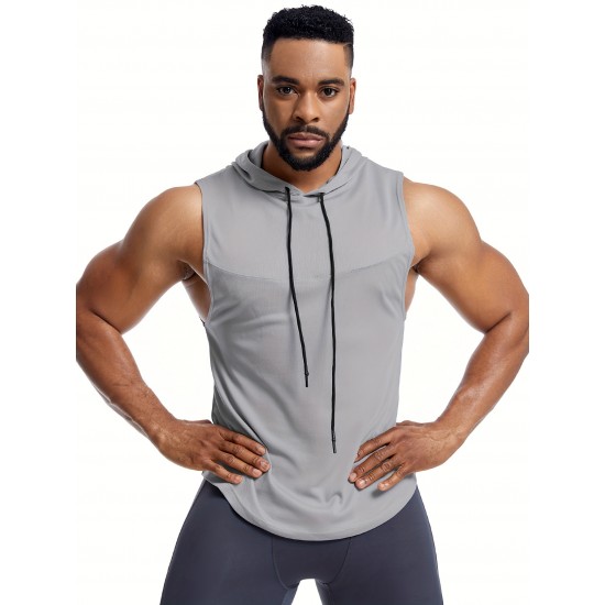 Men'S Vest Quick-Drying Sports Sleeveless Fitness Wear Basketball Vest Mesh Hooded with Drawstring