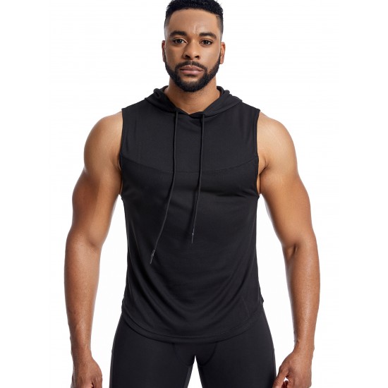 Men'S Vest Quick-Drying Sports Sleeveless Fitness Wear Basketball Vest Mesh Hooded with Drawstring