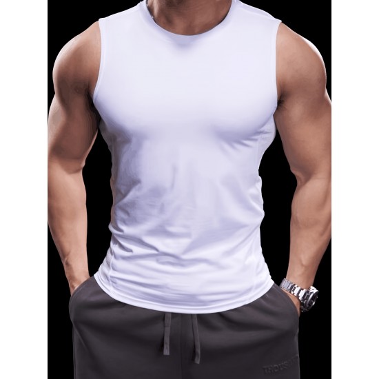 High Stretch Quick Dry Men's Solid Tank Top, Active Crew Neck Sleeveless Top for Summer Outdoor