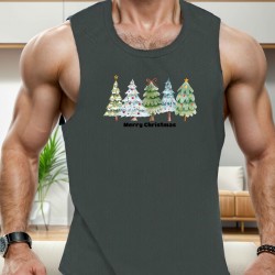 1pc Men'S Casual Christmas Tree Print Sleeveless Tank Top, Polyester Knit Round Neck Vest for Summer, Regular Fit Adult Tank