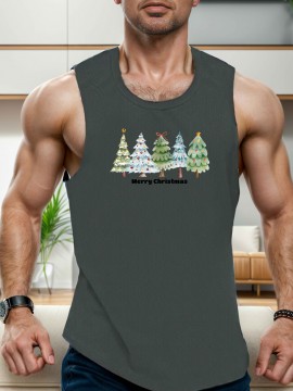 1pc Men'S Casual Christmas Tree Print Sleeveless Tank Top, Polyester Knit Round Neck Vest for Summer, Regular Fit Adult Tank