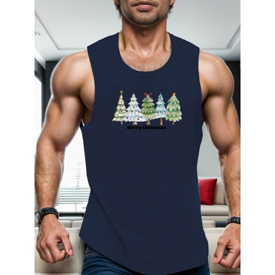 1pc Men'S Casual Christmas Tree Print Sleeveless Tank Top, Polyester Knit Round Neck Vest for Summer, Regular Fit Adult Tank