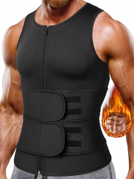 1pc Men'S High Stretch Polyester Waist Trainer Vest - Knit Fabric Crew Neck Sleeveless Tank Top with Zipper and Adjustable Belt for Sports, Sauna, Compression, Shapewear, Fat Burner Workout