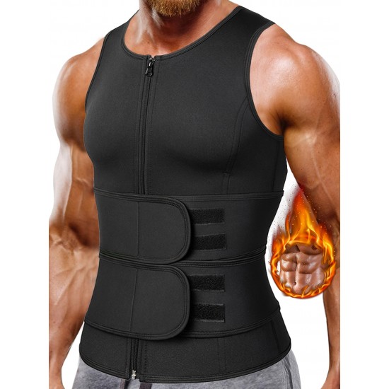 1pc Men'S High Stretch Polyester Waist Trainer Vest - Knit Fabric Crew Neck Sleeveless Tank Top with Zipper and Adjustable Belt for Sports, Sauna, Compression, Shapewear, Fat Burner Workout