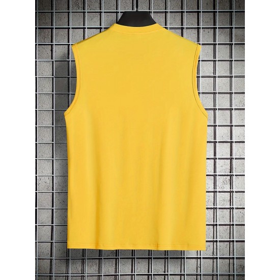 Men's Summer Fashion Tank Top - Casual Round Neck, Stretchy Polyester & Spandex Blend, Breathable Sleeveless Shirt with Trendy Paris Print, Perfect for Gym & Sports, Non-Transparent