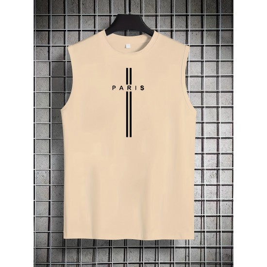 Men's Summer Fashion Tank Top - Casual Round Neck, Stretchy Polyester & Spandex Blend, Breathable Sleeveless Shirt with Trendy Paris Print, Perfect for Gym & Sports, Non-Transparent