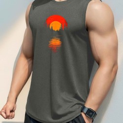 Men'S Casual Crew Neck Tank Top, 100% Polyester Knit Fabric, Regular Fit, Geometric Sunset Pattern, Slight Stretch, for Summer Sleeveless Shirt