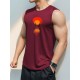 Men'S Casual Crew Neck Tank Top, 100% Polyester Knit Fabric, Regular Fit, Geometric Sunset Pattern, Slight Stretch, for Summer Sleeveless Shirt