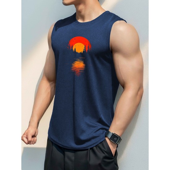 Men'S Casual Crew Neck Tank Top, 100% Polyester Knit Fabric, Regular Fit, Geometric Sunset Pattern, Slight Stretch, for Summer Sleeveless Shirt