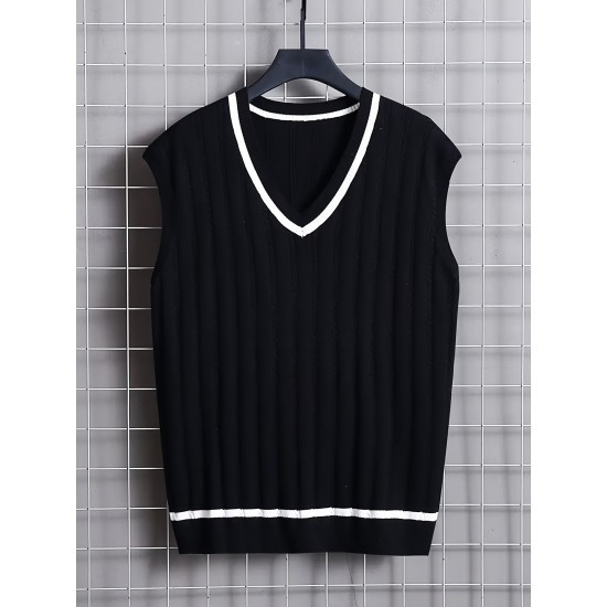 Men's Breathable V-neck Sleeveless Knitted Vest For Casual Daily Wear, Spring And Fall