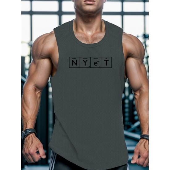 Men's Casual Black Tank Top - Polyester Knit, Geometric Design, Machine Washable, Summer Workout Tank for Gym & Fitness