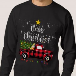 Men'S Plus Size Christmas Sweatshirt, Retro Checkered Tree Car Jacquard, Cotton, Casual Round Neck Long Sleeve, Breathable Lightweight, Soft Washed Top, S-XL