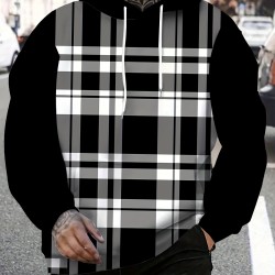 Men's Plus Size Hoodie with Plaid Print - Casual Pullover, Polyester Blend, Machine Washable, PLUS SIZE