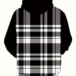 Men's Plus Size Hoodie with Plaid Print - Casual Pullover, Polyester Blend, Machine Washable, PLUS SIZE