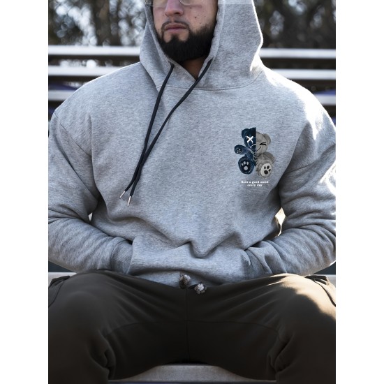 Men's Plus Size Casual Hoodie with Geometric Bear Design - Polyester, Machine Washable, Faux Pocket Detail, PLUS SIZE