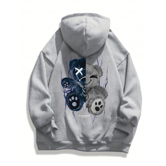 Men's Plus Size Casual Hoodie with Geometric Bear Design - Polyester, Machine Washable, Faux Pocket Detail, PLUS SIZE