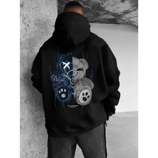 Men's Plus Size Casual Hoodie with Geometric Bear Design - Polyester, Machine Washable, Faux Pocket Detail, PLUS SIZE