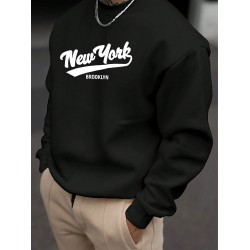 1pc New York Brooklyn Casual Crew Neck Pullover - Geometric Pattern Cotton Blend Sweatshirt, Slight Stretch Knit Fabric, Regular Fit Long Sleeve Top for Men, Plus Size