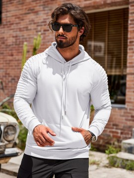 [1pc Men'S Sports Hoodie] Men'S Plus Size Active Hoodie, Polyester Knit Fabric, Casual Sports Style, Solid Color, Slight Stretch, with Pocket, for Gym Athletic Pullover Hooded Sweatshirt