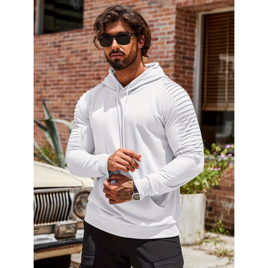 [1pc Men'S Sports Hoodie] Men'S Plus Size Active Hoodie, Polyester Knit Fabric, Casual Sports Style, Solid Color, Slight Stretch, with Pocket, for Gym Athletic Pullover Hooded Sweatshirt