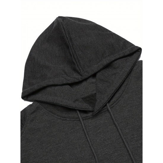 [1pc Men'S Sports Hoodie] Men'S Plus Size Active Hoodie, Polyester Knit Fabric, Casual Sports Style, Solid Color, Slight Stretch, with Pocket, for Gym Athletic Pullover Hooded Sweatshirt