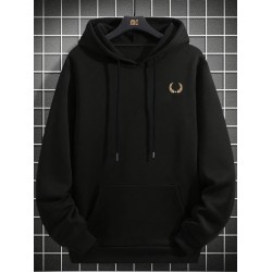 Plus Size Casual Hoodie with Geometric Wheat Ear Print, Polyester 100%, Hooded with Slight Stretch, Regular Fit Knit Fabric, 220gsm - Fake Pocket & Drawstring Detail