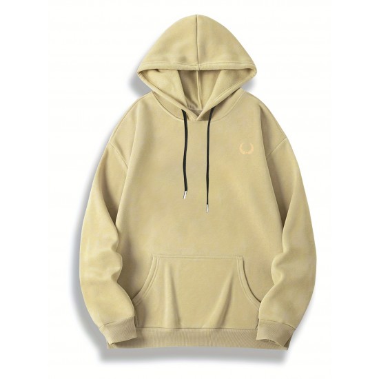 Plus Size Casual Hoodie with Geometric Wheat Ear Print, Polyester 100%, Hooded with Slight Stretch, Regular Fit Knit Fabric, 220gsm - Fake Pocket & Drawstring Detail