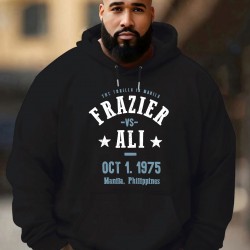 Men'S Plus Size Hoodie, Frazier vs Ali 1975 Print, Polyester Microfiber, Casual Sports Sweatshirt with Drawstring, Regular Fit, Knit Fabric, Autumn & Winter Fashion