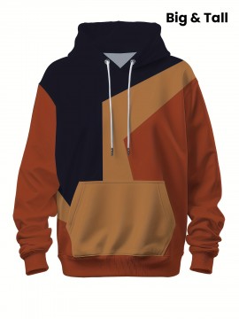 Plus Size Men's Retro Color Block Hoodie - Casual & Stylish Baseball Jacket for Spring/Fall, Breathable Polyester Blend, PLUS SIZE