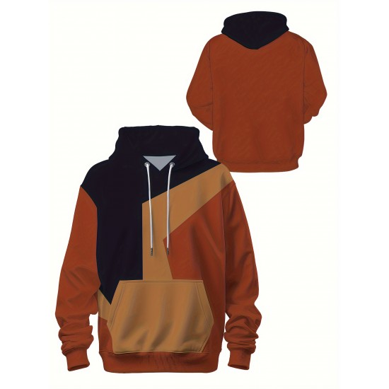 Plus Size Men's Retro Color Block Hoodie - Casual & Stylish Baseball Jacket for Spring/Fall, Breathable Polyester Blend, PLUS SIZE