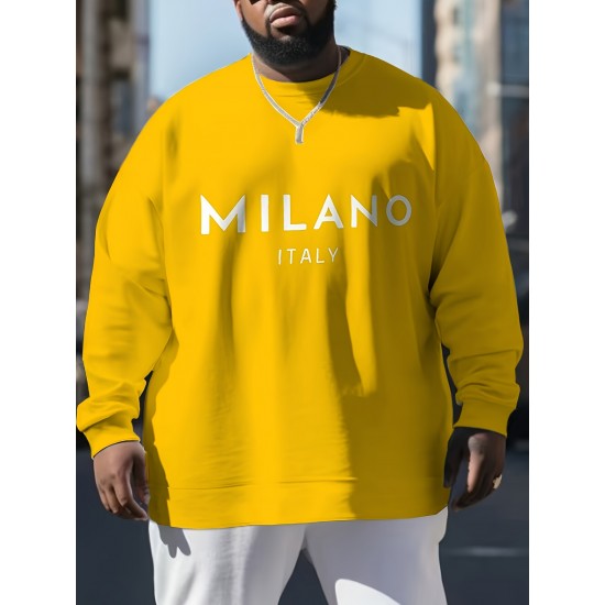 Men's Milan Italy Print Crew Neck Sweatshirt - Casual & Sporty Long Sleeve Pullover, Perfect for Outdoor Activities, PLUS SIZE