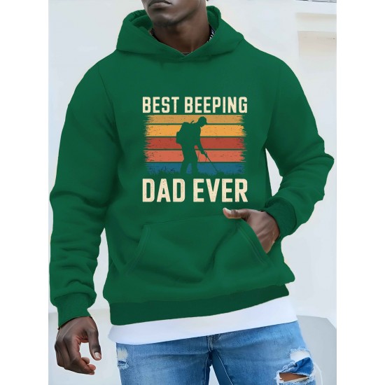 1pc Best Beeping Dad Ever Casual Plus Size Hoodie, Geometric Pattern, Polyester Knit Fabric, Loose Fit, Hooded Sweatshirt for Men