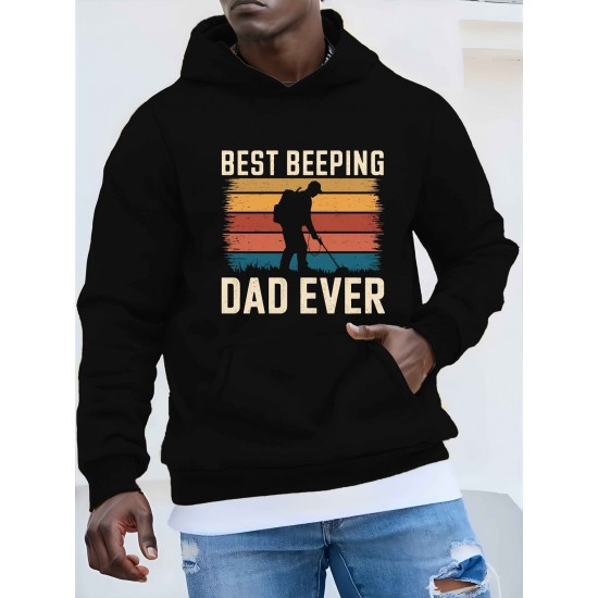 1pc Best Beeping Dad Ever Casual Plus Size Hoodie, Geometric Pattern, Polyester Knit Fabric, Loose Fit, Hooded Sweatshirt for Men