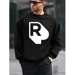 Men's Casual Fleece-Lined Sweatshirt with Geometric Print - Cotton Blend, Round Neck Pullover for Fall & Winter, PLUS SIZE