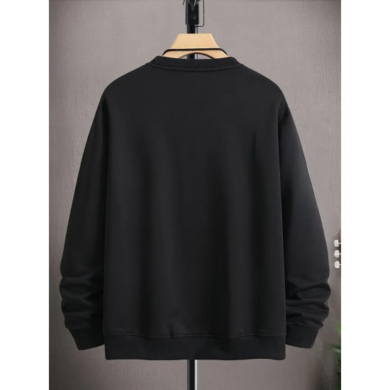 Men's Casual Fleece-Lined Sweatshirt with Geometric Print - Cotton Blend, Round Neck Pullover for Fall & Winter, PLUS SIZE